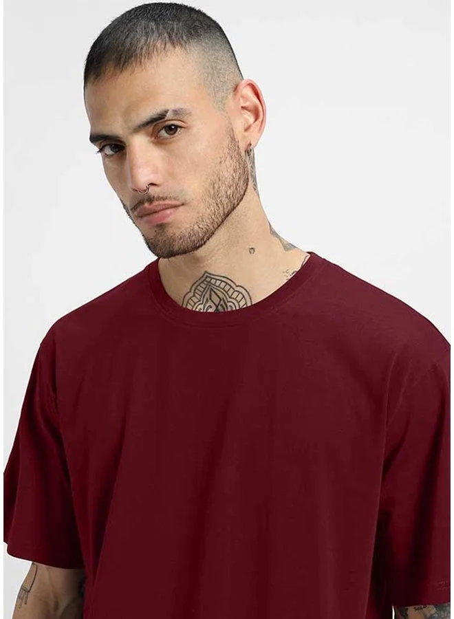 فيردو تيشيرت فيردو قطن نقي بقصة واسعة وأكمام قصيرة للرجال لون عنابي